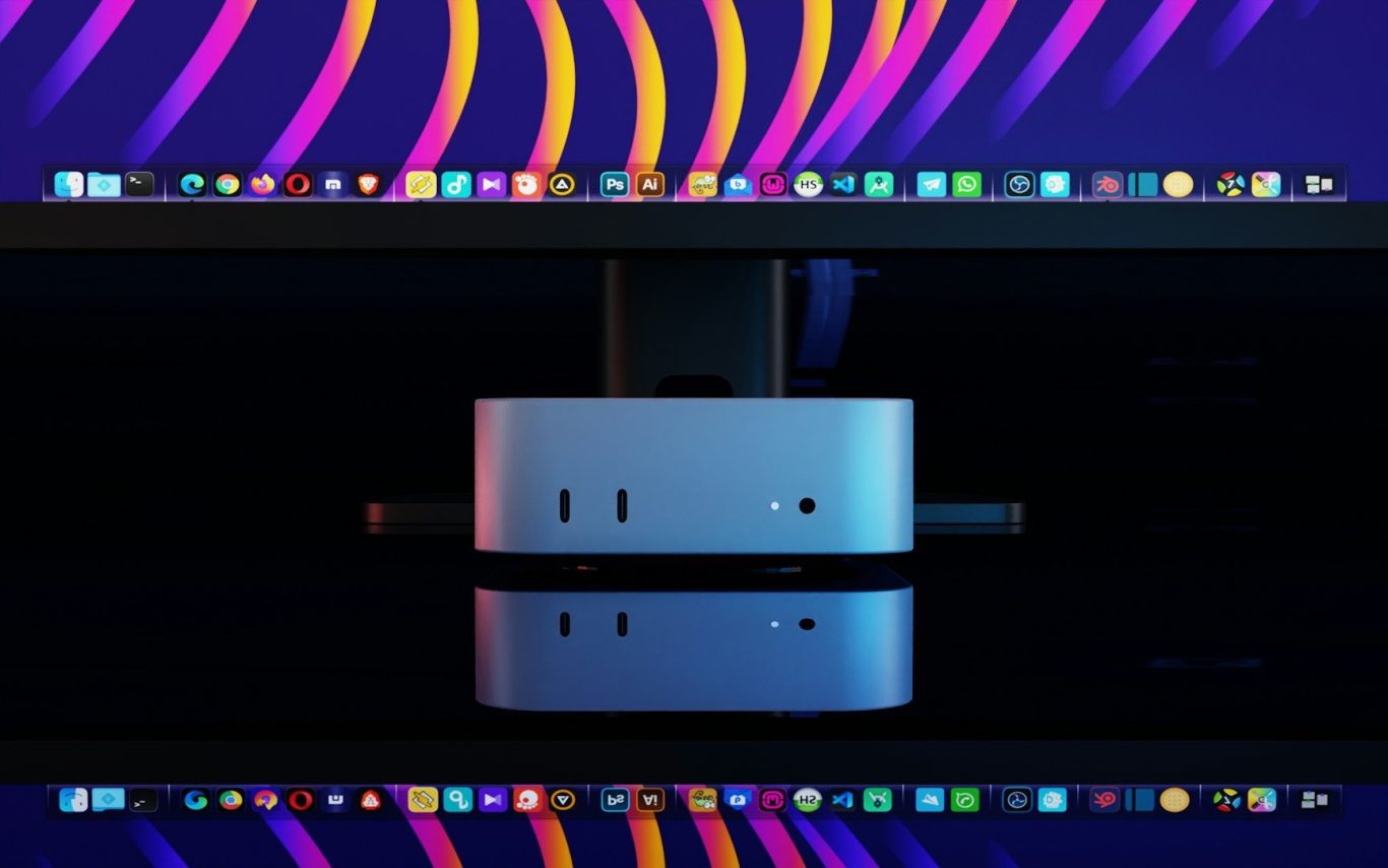 A sleek computer monitor on a reflective surface with colourful digital graphics.